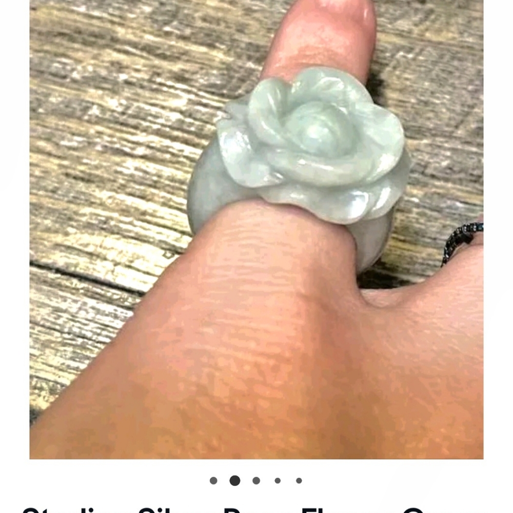 Sterling Silver Rose Flower Green Jade Ring Size 5💍 - Picture 2 of 9